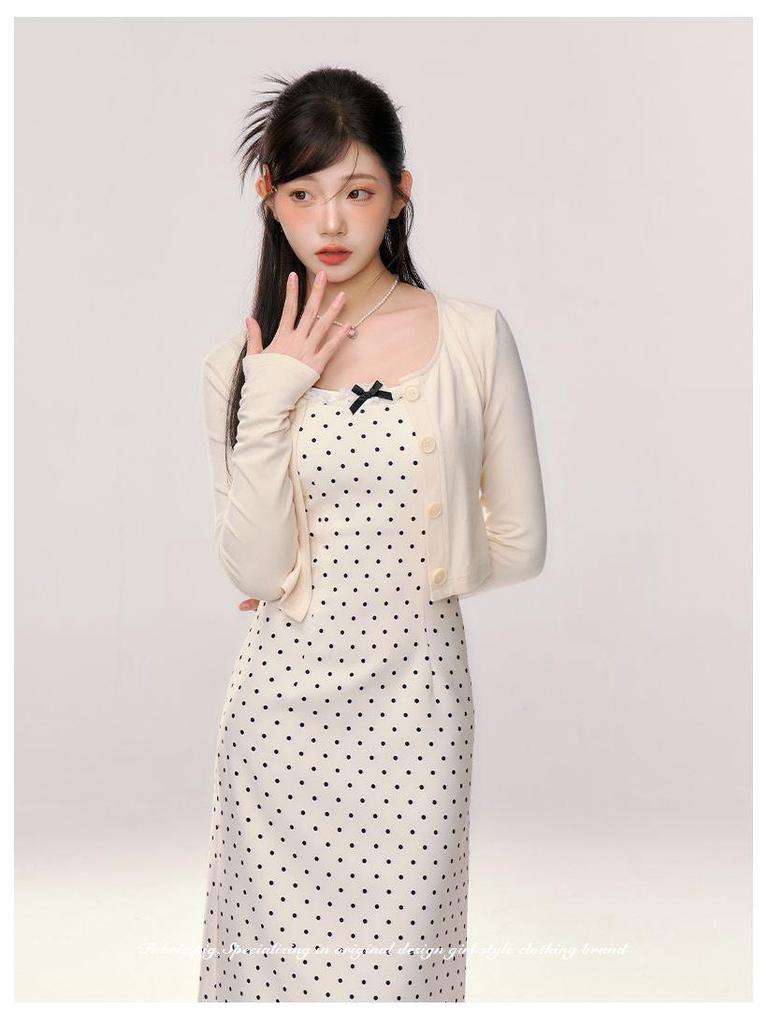 Women's Petite Polka Dot Maxi Dress & Cardigan Set