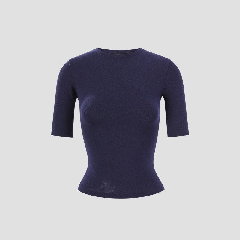 Spring and summer new waist and thin five-quarter-sleeved shoulder T-shirt slim-fit solid-color round neck short-sleeved multi-color top women