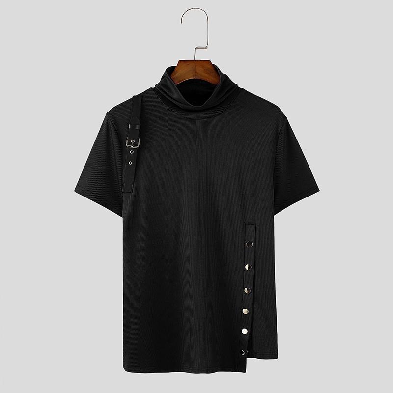 

INCERUN Men Summer Turtleneck Short Sleeve Rib Casual Irregular Skinny T-shirts Tee Tops 5XL чёрный