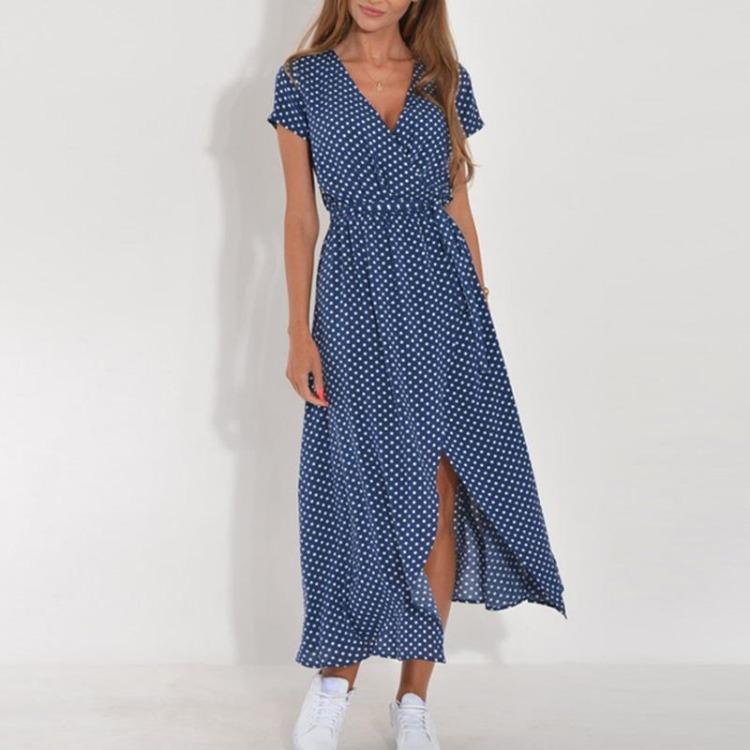 Women Sexy Elegant Casual Summer Beach Dress Floral Print Long Short Sleeve V Neck Split Lace Up Dress Vestidos