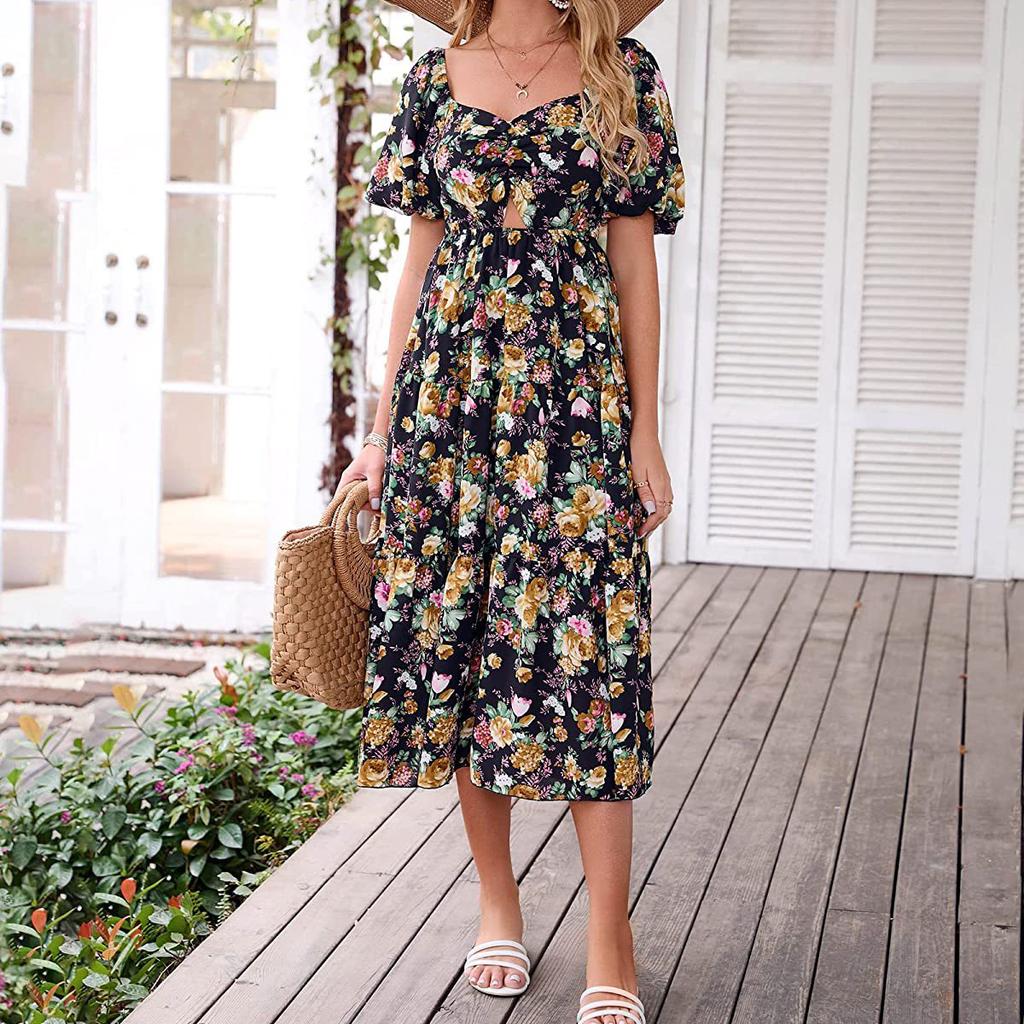 Women's Fashion Floral Square Collar High Waist Hollow Bubble Short-sleeved Back Pleated Printed Dress