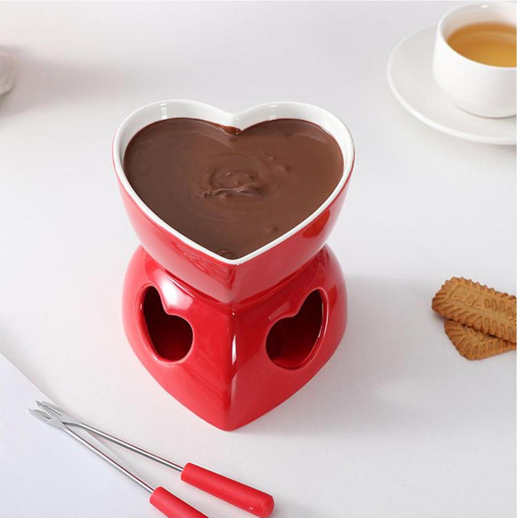 Chocolate Fondue Cup Ceramic Heart-shape With Forks Tealight Chocolate Melting Cup Mini Fondue Pot For Cheese Butter Caramel
