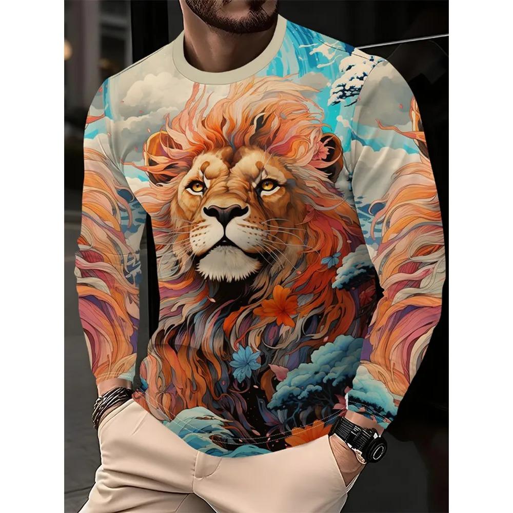 Spring Autumn Fashion Comfortable Loose Soft Casual Versatile Round Neck Long Sleeve T-shirt Creative Animal 3D Printed Men's T-shirt