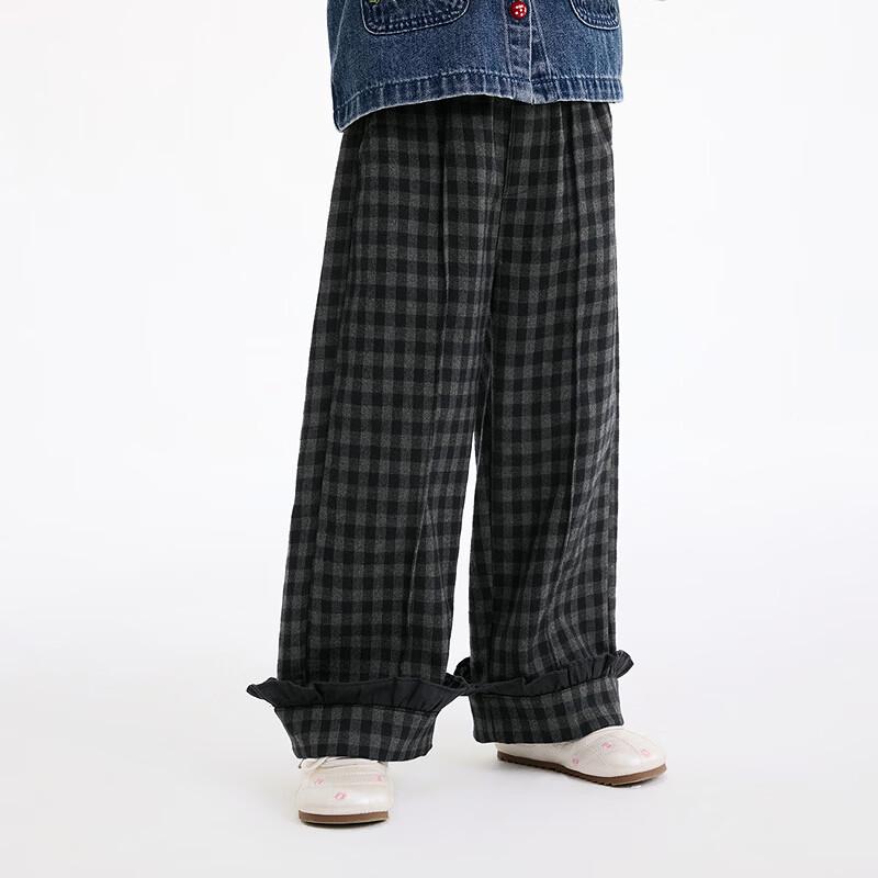 Girls' Retro Plaid Ruffle-Trim Rolled-Hem Wide-Leg Pants