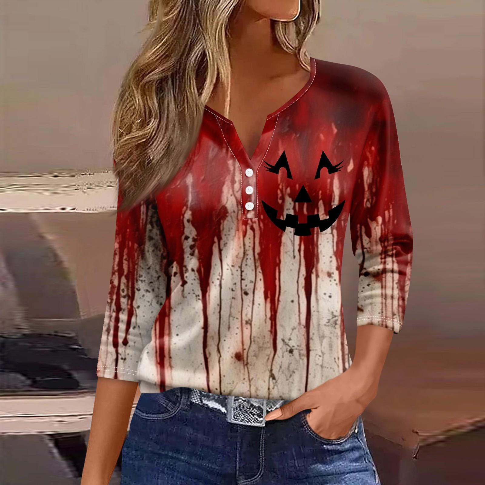 

Women s Fashion Casual Three-quarter Sleeve Halloween Letters Print Top XXL червоний