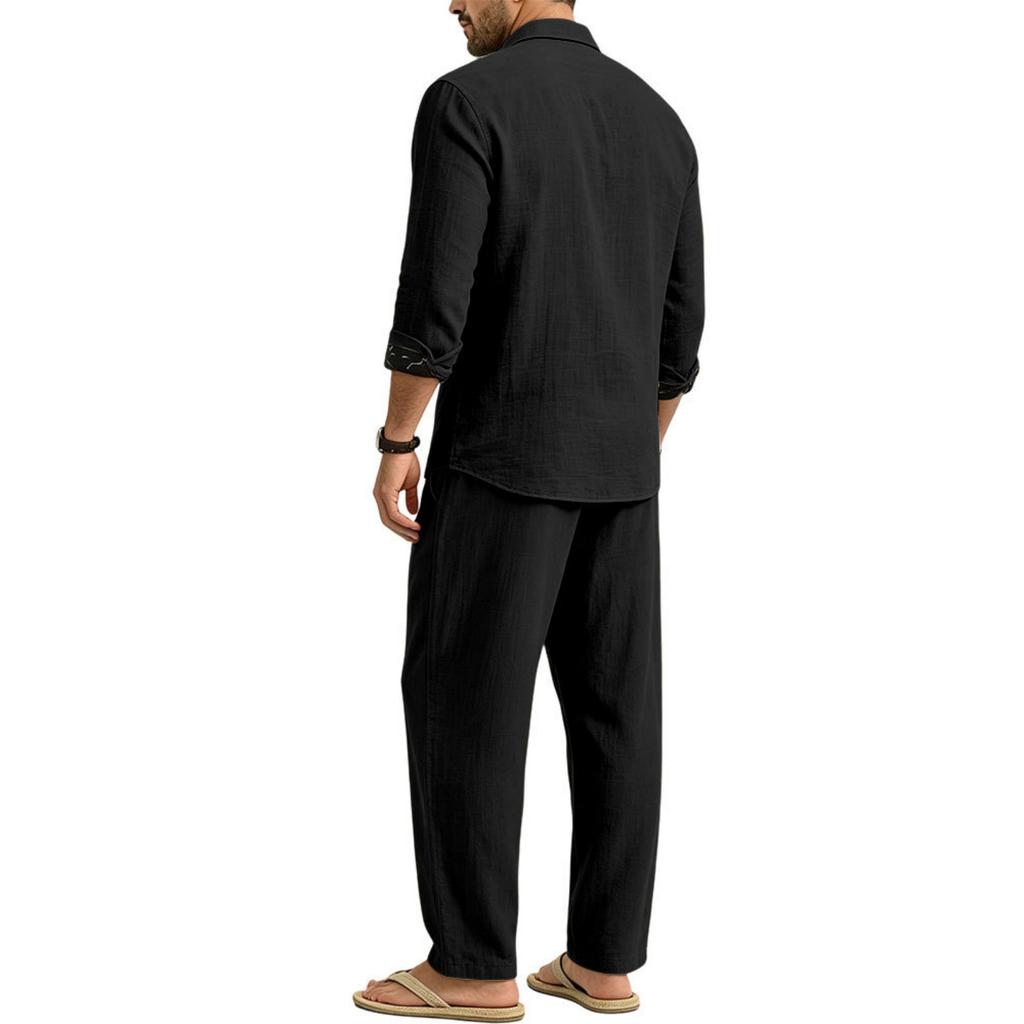 Men's Linen 2-Piece Outfit Lightweight Breathable Color Block Shirt and Straight Leg Pants Loose Fit Casual Set