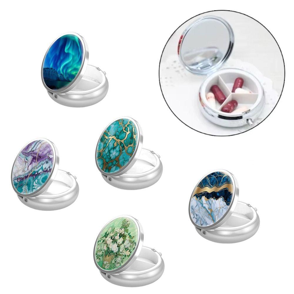 Metal Pill Capsule Box Circular Storage Container Medicine Cases for Travel Floral Print with Mirror Drug Dispenser