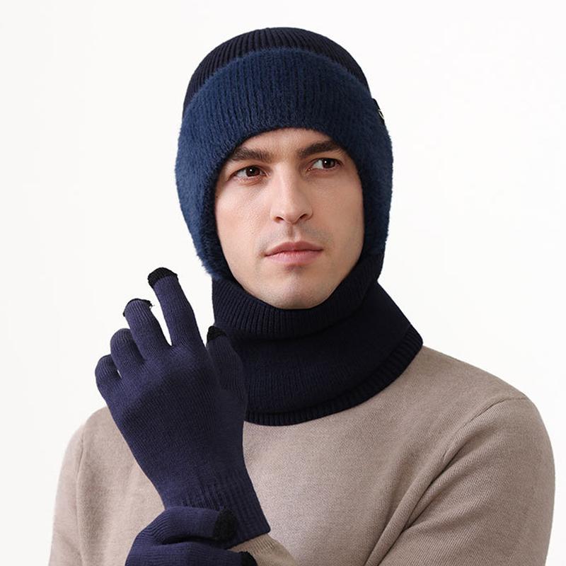 Wollmütze Herren Winter Outdoor Warme Mütze Schal Handschuhe Anzug Hochelastische Strickmütze