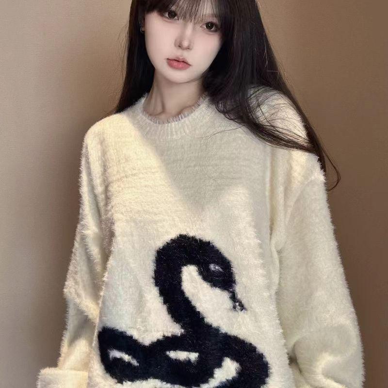 Y2k vit gotiskt tryck dam tröja Oversized Harajuku Koreanskt mode stickade tröjor Orm Höst Varm Streetwear