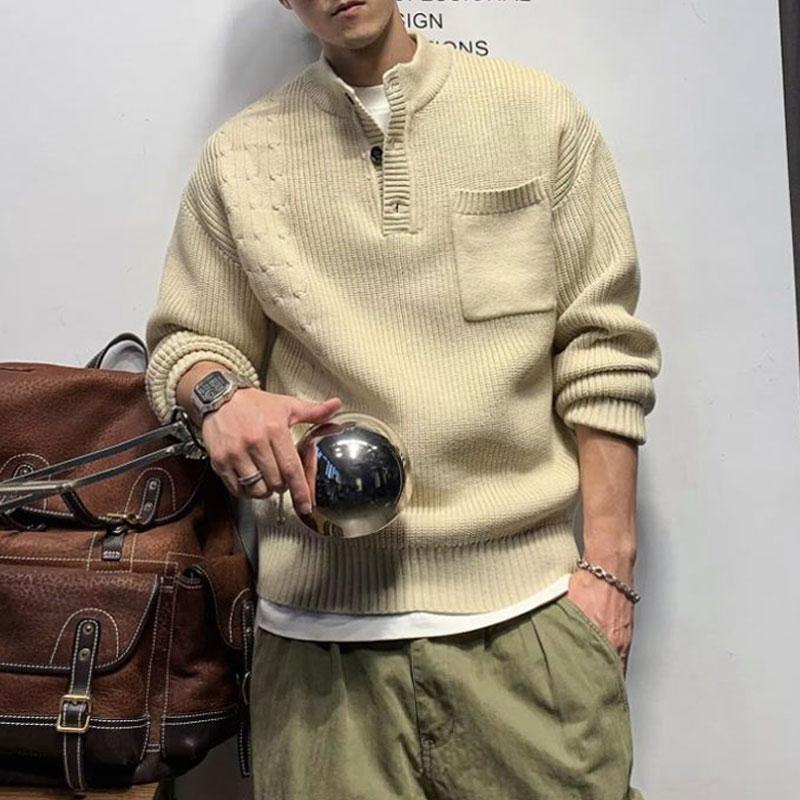 

Retro Half High Collar Button Pullovers Knitted Autumn Winter New American Loose Men s Clothing Stylish Pockets Spliced Sweaters S бежевий