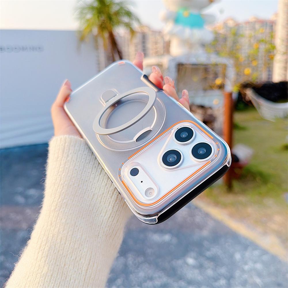 Luxury Matte Magnetic Clear Phone Case For iPhone 17 Air 16 Plus 15 12 13 14 Pro Max For Magsafe Metal Ring Stand Holder Cover