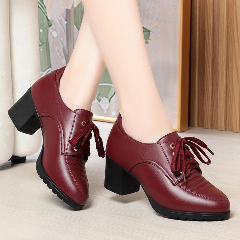 Spring Comfort Soft Leather Shoes Women'S Platform Pumps Lace Up Block Med Heels Shoes Oxfords For Office Mom Work
