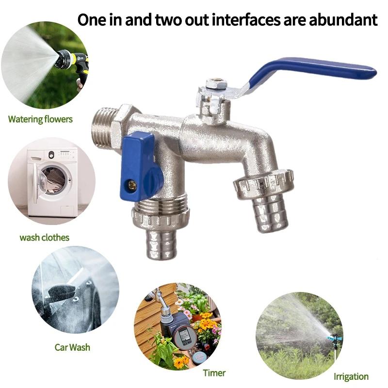 Double Head Water Faucet 1/2'' 3/4'' Water Splitter Connector Coupling Adapter Valve Switch Garden Hose Irrigation Tap Joint