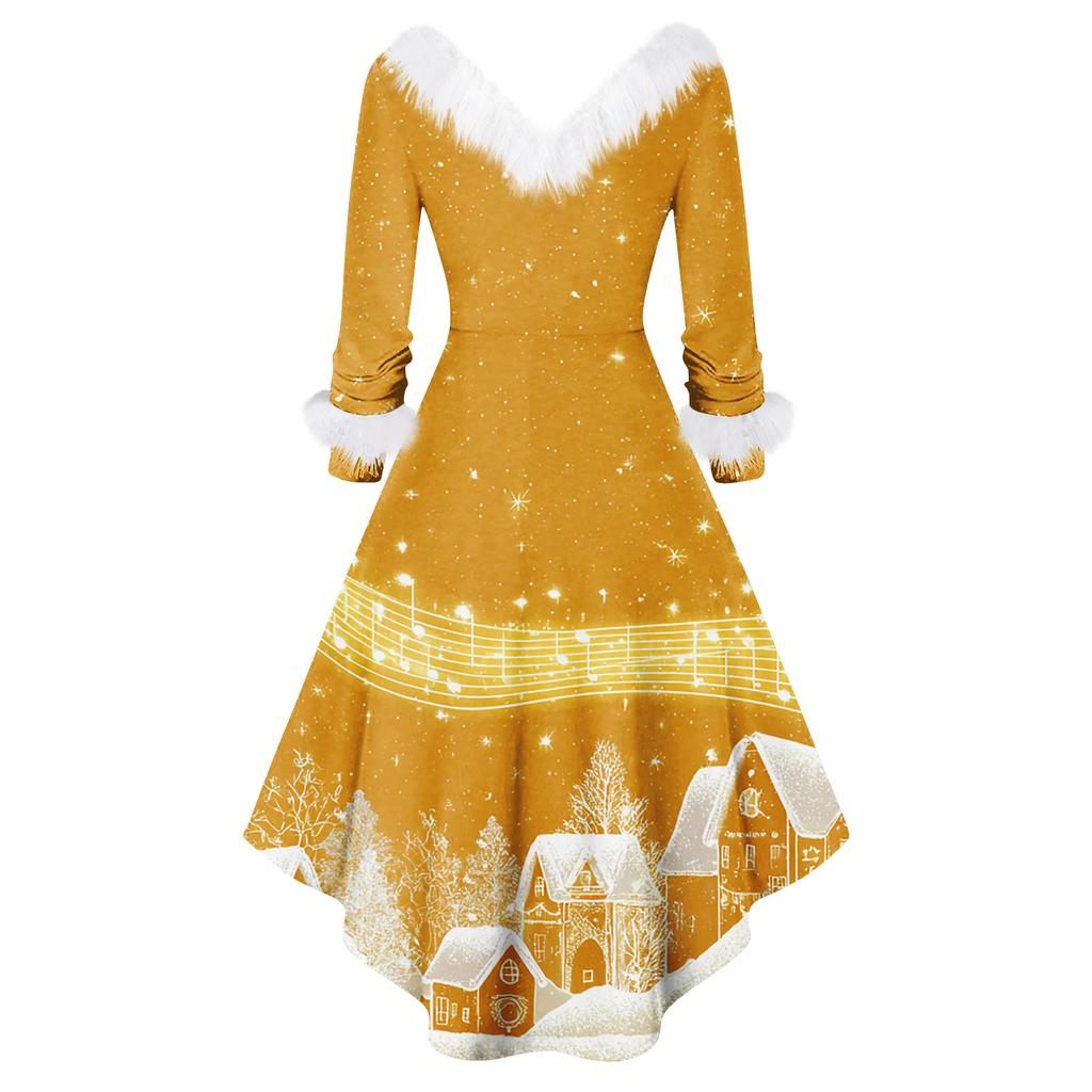 Damen Modisches Lässiges Figurbetontes Weihnachtsdruck Party Langarmkleid