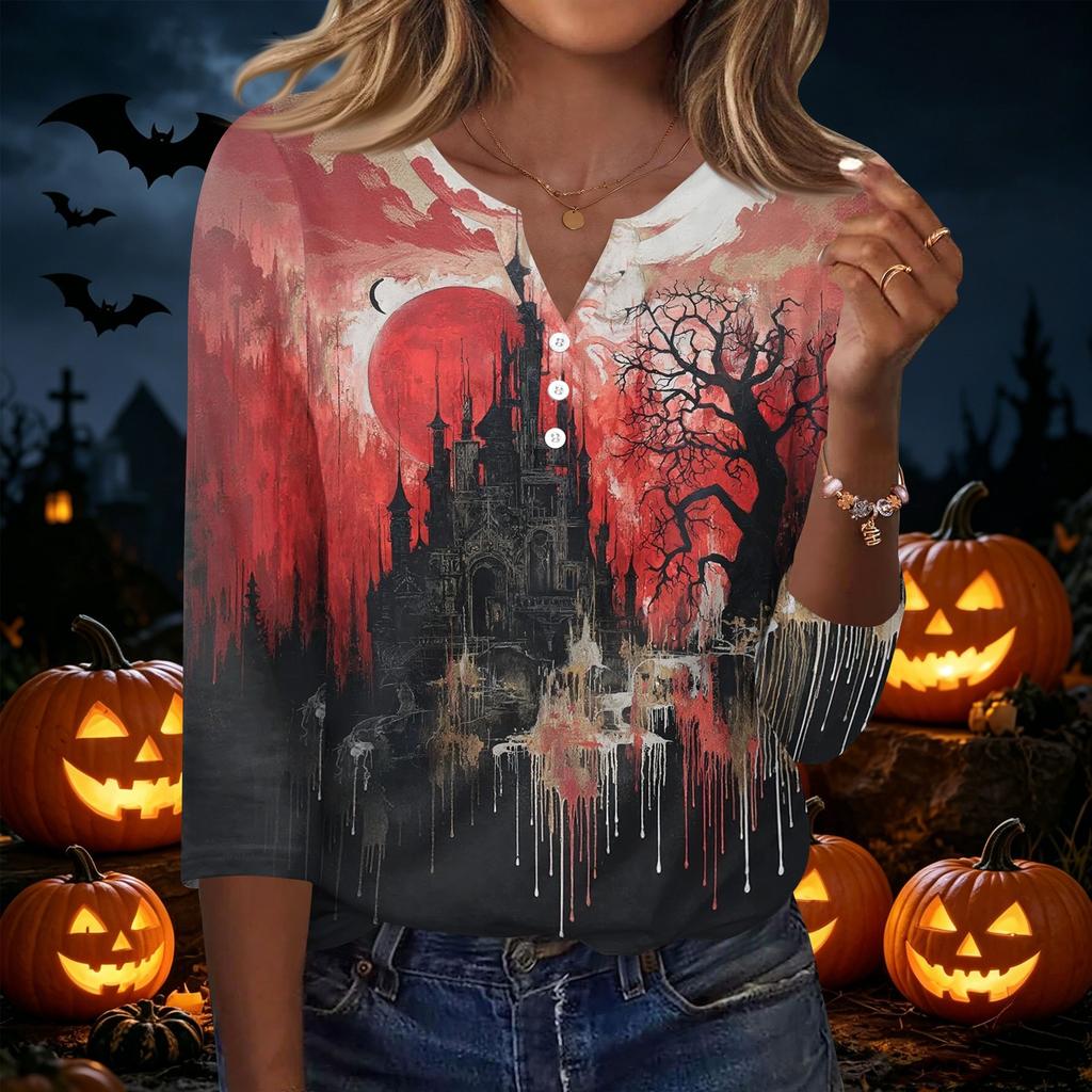 Womens Halloween Print V Neck Button Front Three Quarter Sleeve Casual T Shirt Top with Relaxed Fit and Lightweight Fabric for Seasonal Wear