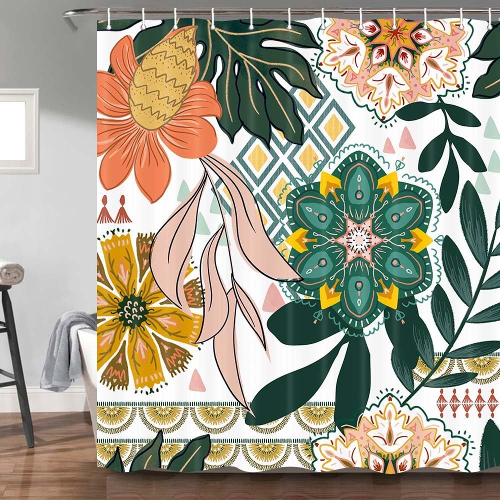 Boho Floral Shower Curtain, Abstract Mid Century Morden Bohemian Decor Bath Curtains, Botanical Flowers Tropical Leaves Waterpro
