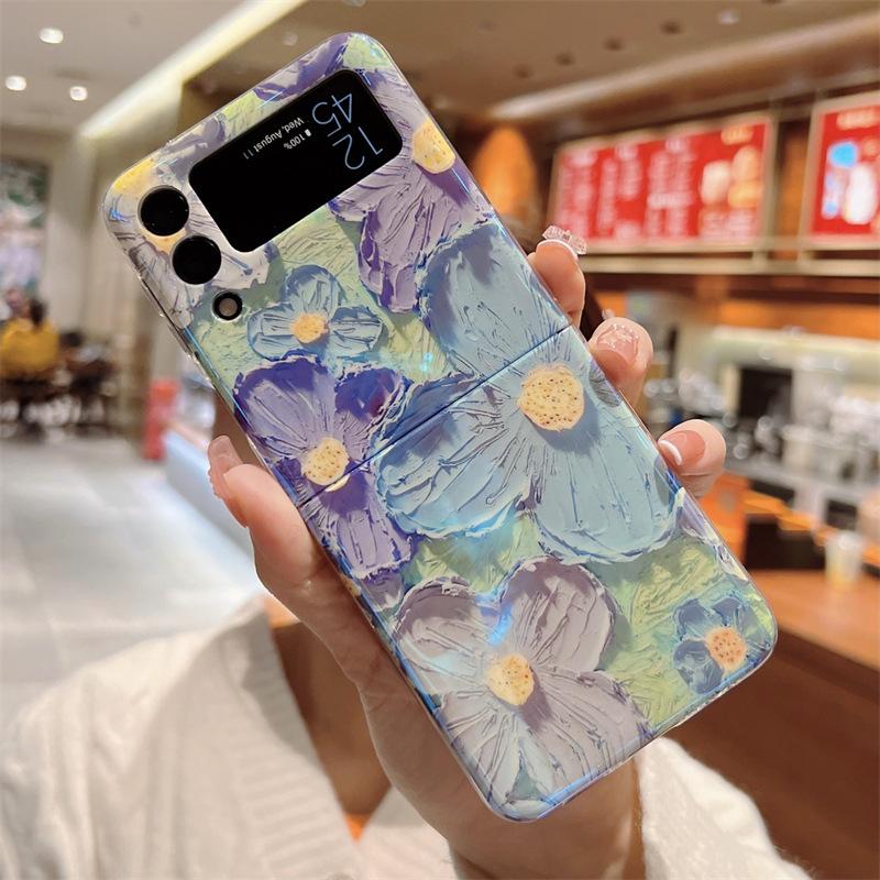 Blue oil painting sunflower suitable for Samsung ZFlip6/5 mobile phone case ZFlip3/4 folding screen anti-drop protective case