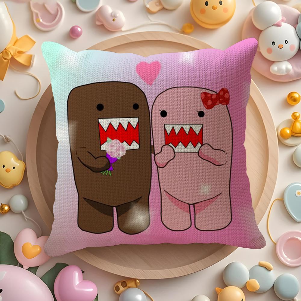 Cartoon Funny Domo-Kun Cushion Cover Linen Organic Fabric Double-Sided Printing Breathable Pillow Case Sofa Home Decor Gift