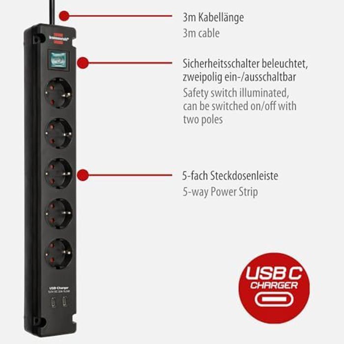 Multiprise - brennenstuhl - h05vv-f3g1.5 - 5 prises - 2 ports usb c - 3 m noir