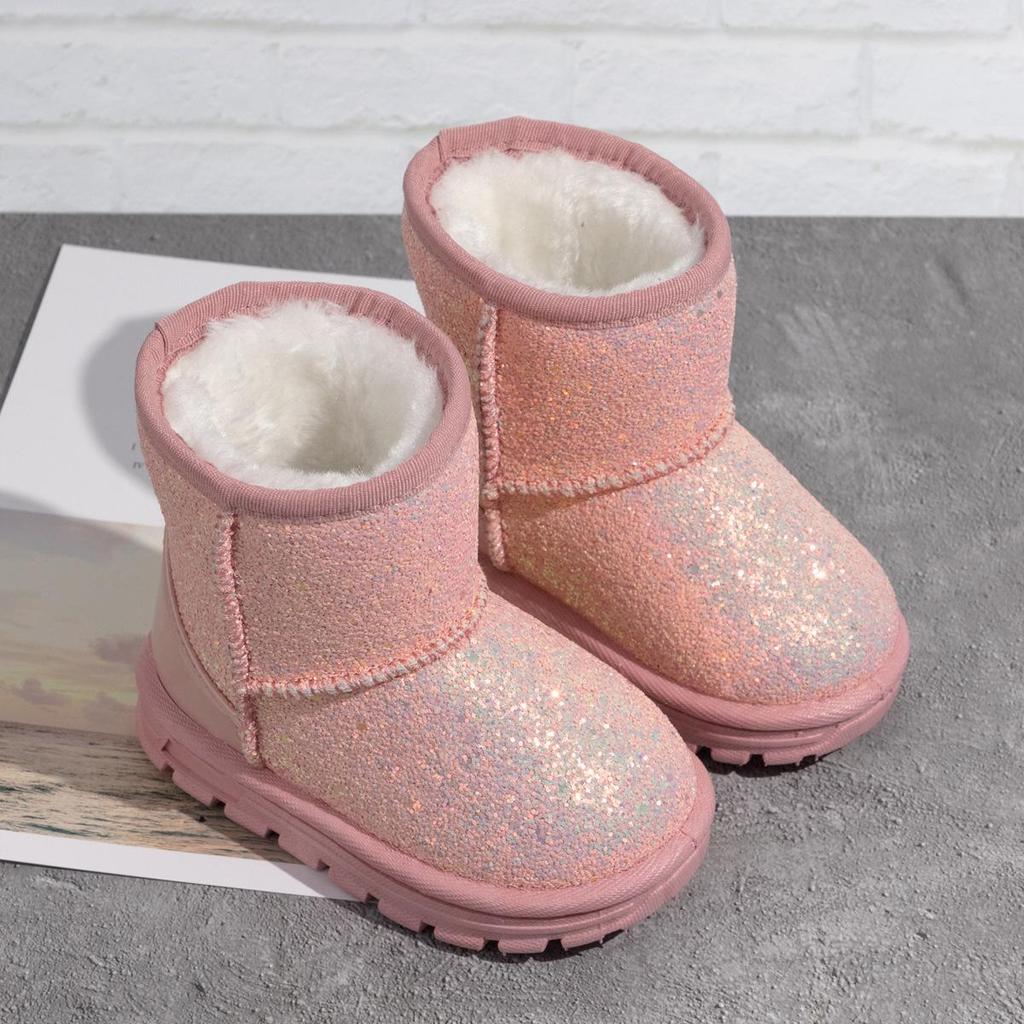 2022 Winter Pink Sequin Plus-Size Thick Cotton Children's Shoes with Non-Slip Rubber Sole