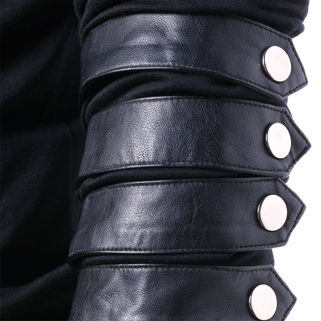 Men Winter Drawstring Vintage Leather Patchwork Long Sleeve Hooded Tops Blouses