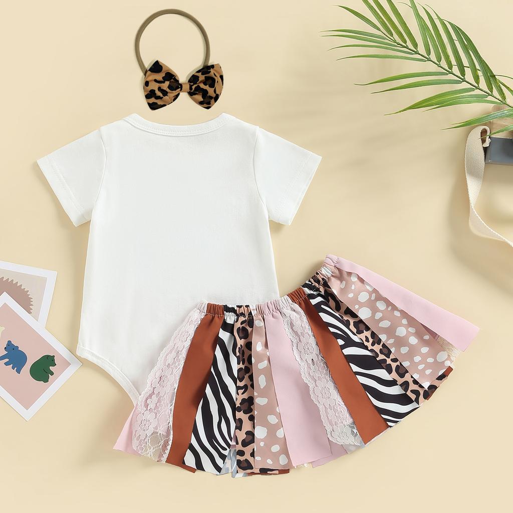 Baby Girl Summer Clothes Suits Short Sleeve Crew Neck Romper Zebra Pattern Leopard Lace Patchwork Skirts Headband 3Pcs Set