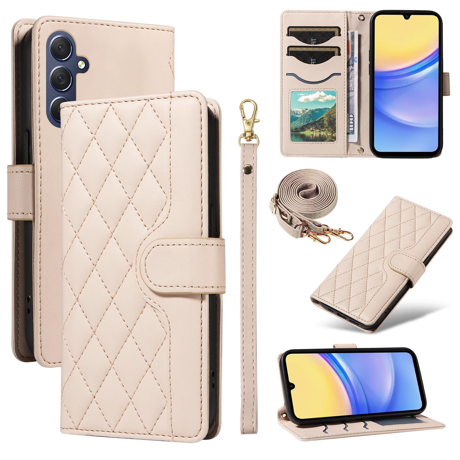 

Для Samsung Galaxy A15 4G/5G Чехол-кошелек Ромбовидный кожаный чехол для телефона с плечевым ремнем, ремешком на запястье Apricot