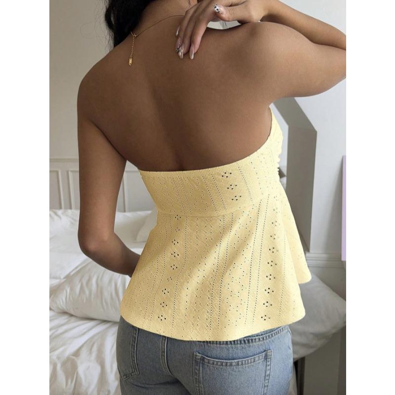 2026 Summer Hollow Out Women Tube Top New Sweet Lace-up Strapless Blouse Slim Fit Loose Sleeveless Top Solid Color Simple A-line Backless Sexy Shirts