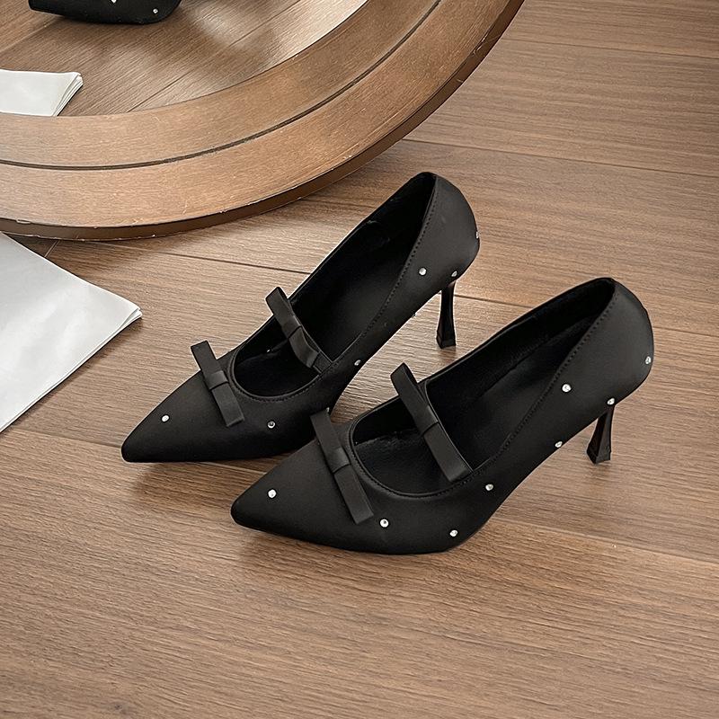 

2025 Французский стиль бант горошек острый носок шпильки: Сексуальные и универсальные туфли на высоком каблуке 39 чёрный