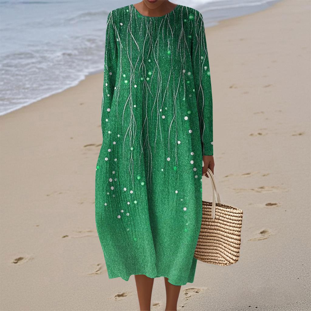 Women's Fashionable Casual Long-Sleeved Round Neck Floral Print Zipper Dress