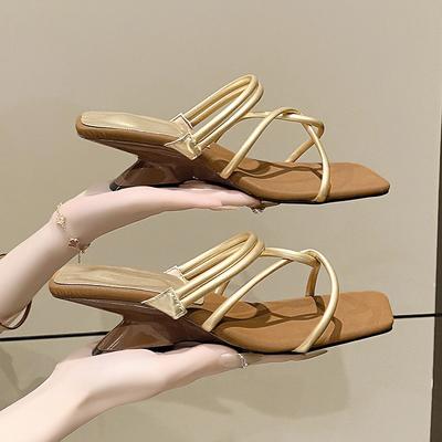 Women Slippers Heeled Sandals Square Toe High Heels Shoes Woman 2025 Trend Summer Elegant Dress Designer Shallow Pumps Mujer