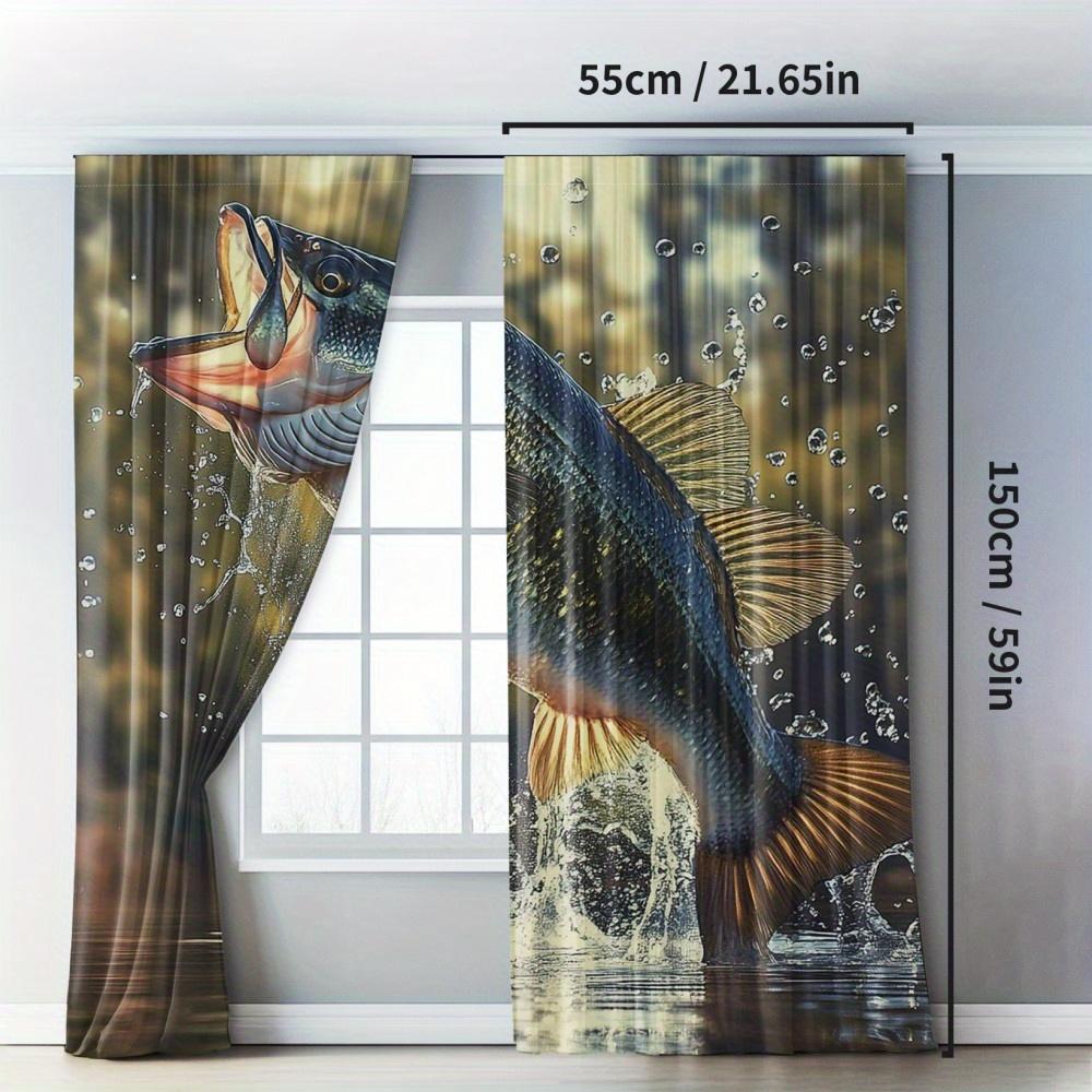 2pcs Classic Bass Fishing Thermal Blackout Curtains - Vibrant Fish Design, Insulated Polyester Drapes for Standard & Large Windo
