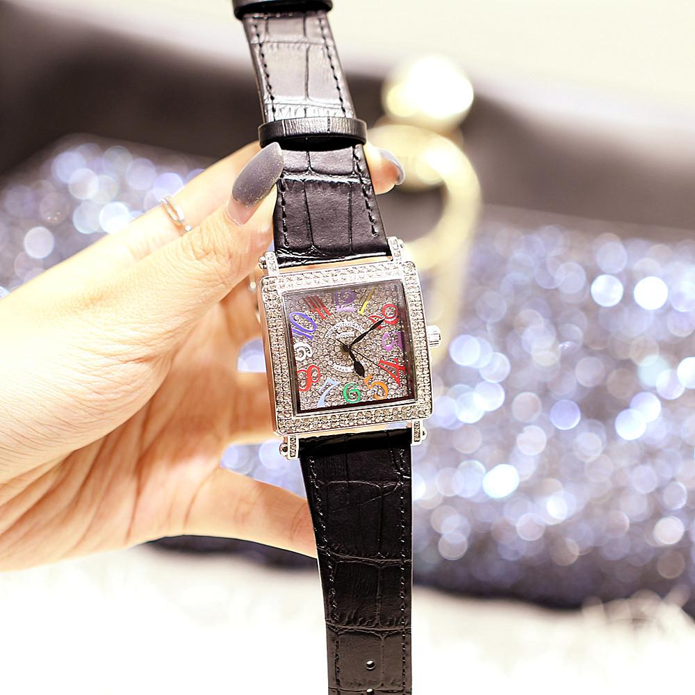 Same Fashion Retro Ladies Watch Digital Full Diamond Square Quartz Waterproof Leather Watch