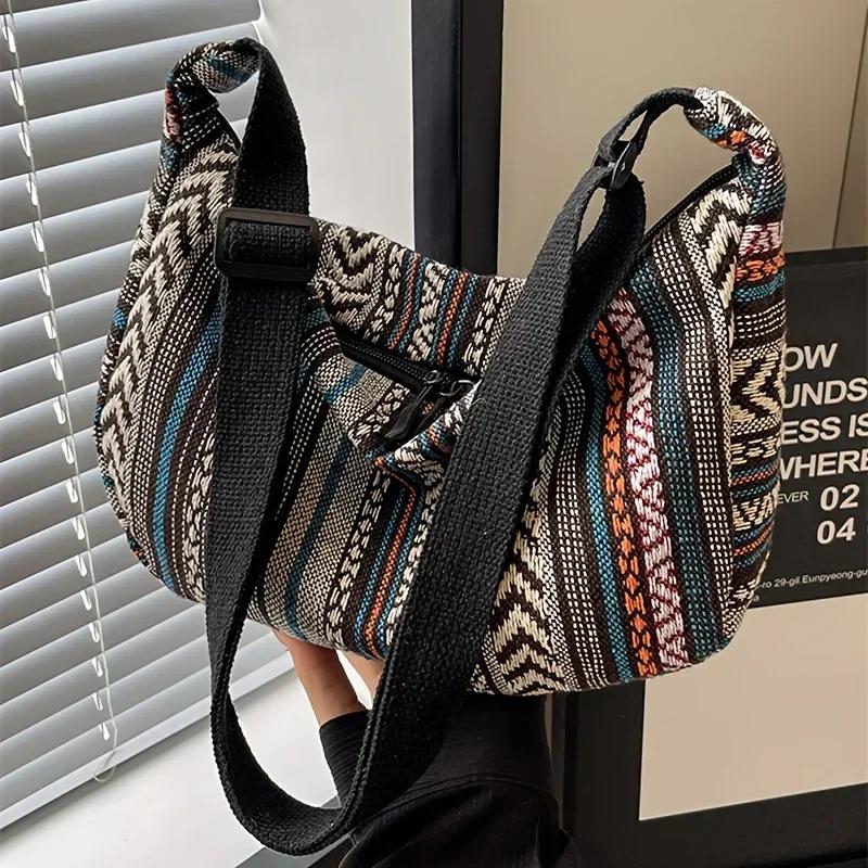 Borsa a tracolla stile tribale, Pieghevole a tracolla con chiusura a zip, Fantasia a righe, Tema bandiera Fodera bordata dipinta Lavabile a mano