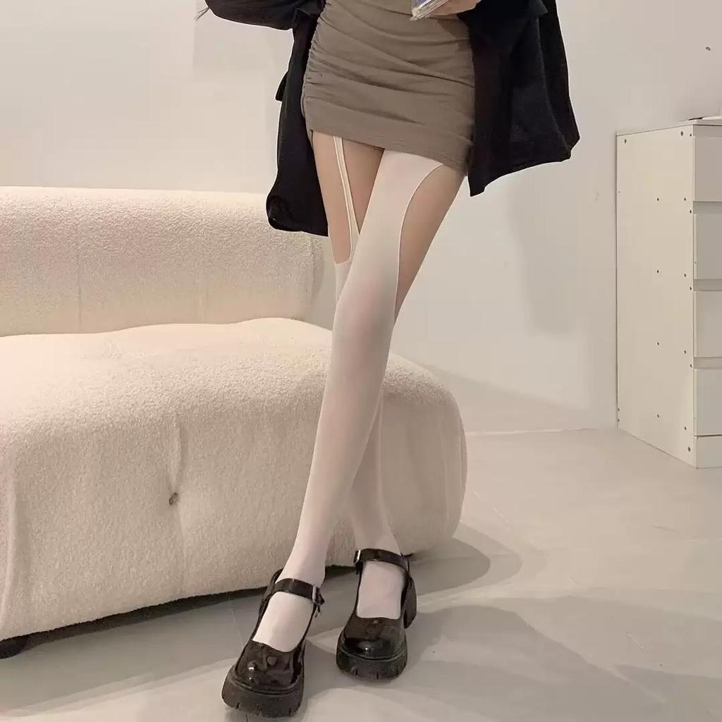 Sexy Sexy Stockings Ultra-thin Niche Pure Desire Integrated Socks Irregular Hole Black Silk Asymmetric Suspenders