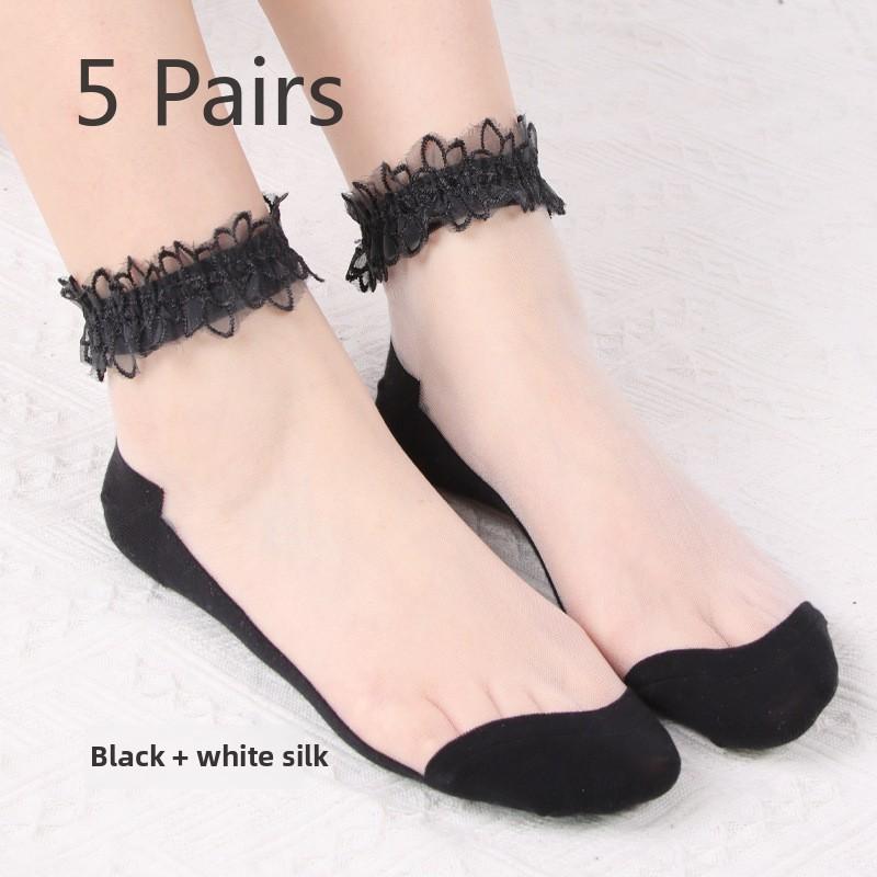 5 Pairs Socks Women Spring Summer Thin Transparent Lace Lace Socks Short Crystal Glass Stockings