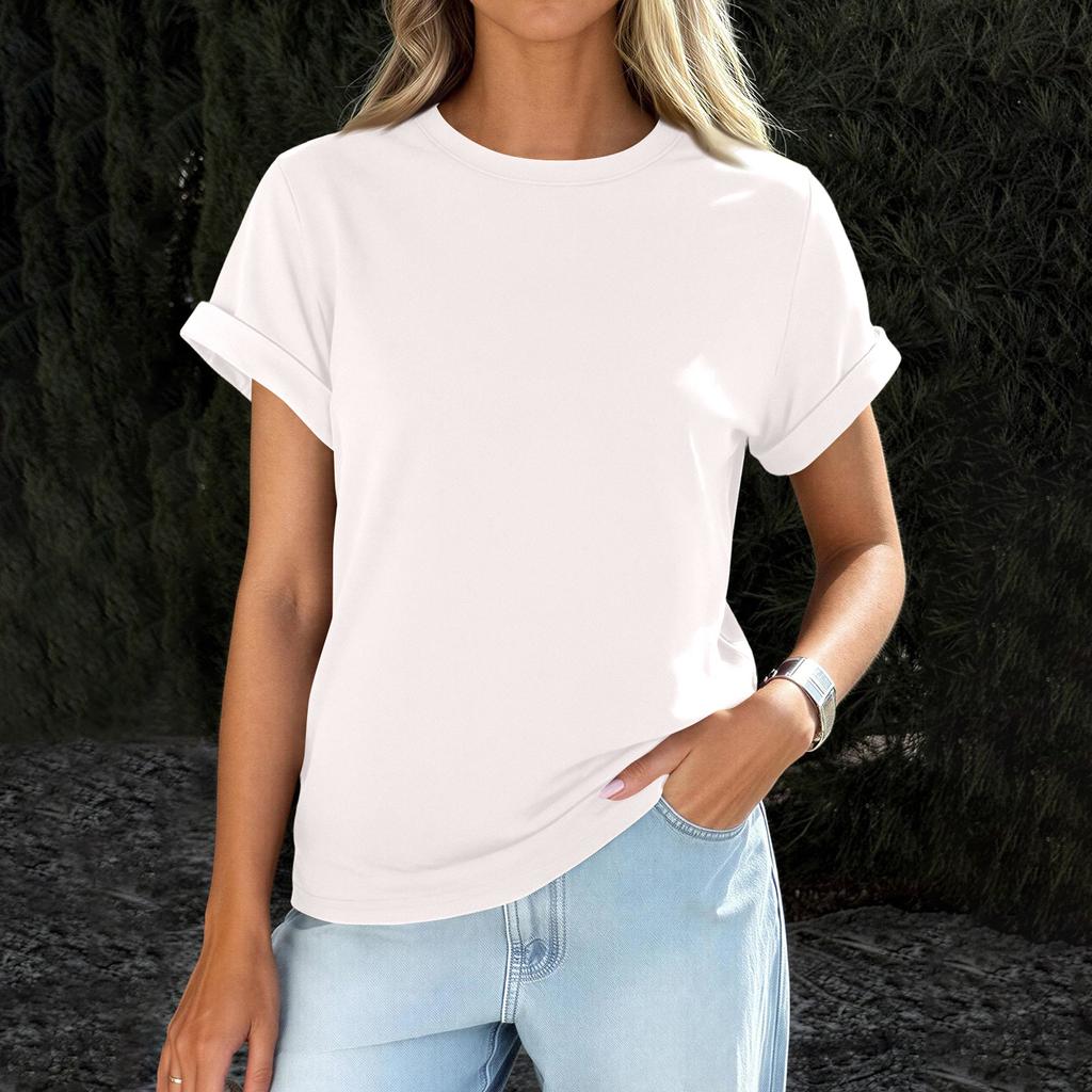 Womens  Casual Rolled Short Sleeve Basic Tees Fashion Tops