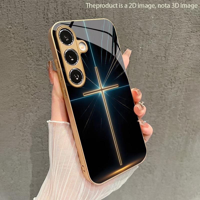 Neon Cross Pattern 2D Phone Case for Samsung S26 S25 S24 S23 S22 S21 S20 A56 A36 A16 Gold Glass Protective Cover