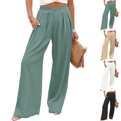 Women's Loose High Waist Cross Pleated Trousers Wide Leg Casual Pants