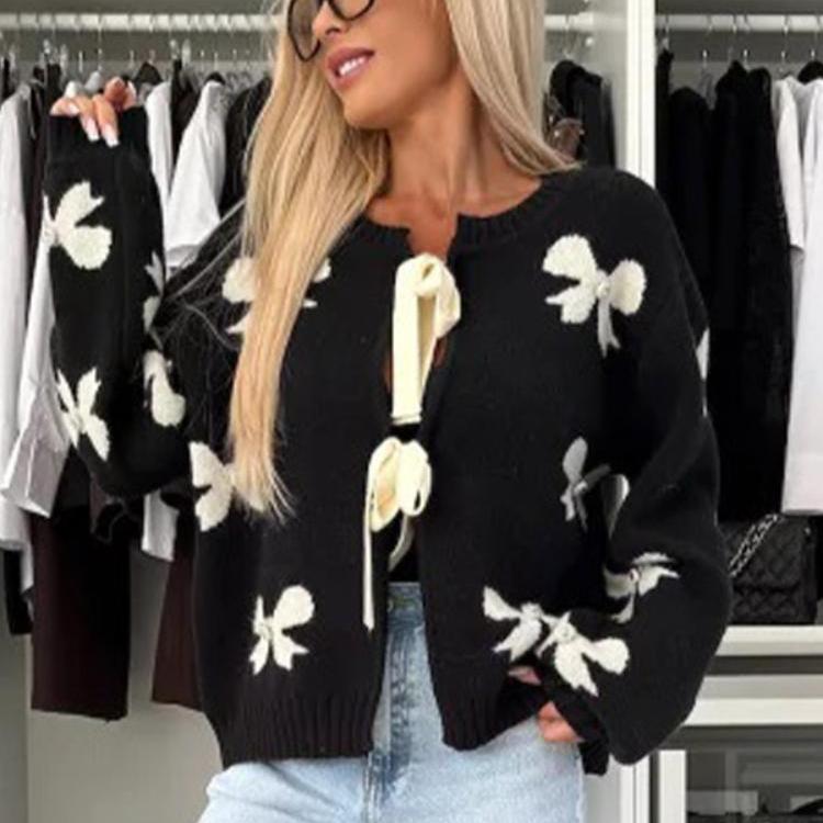 

Повседневный вязаный кардиган с принтом банта, женский свитер со шнуровкой, открытым О-образным вырезом и длинным рукавом, женские свитера L чёрный