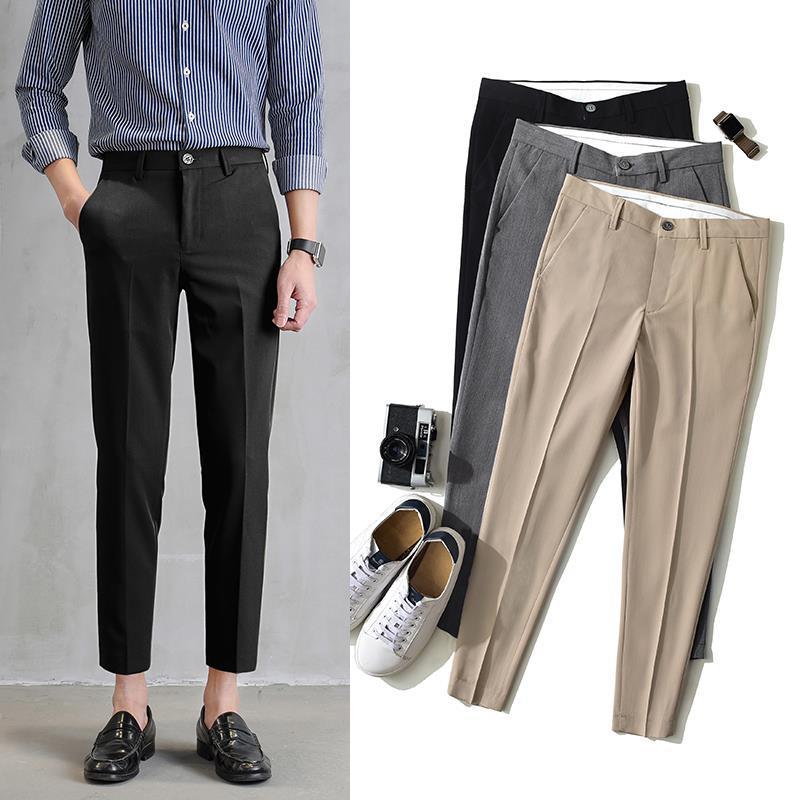 Black Trousers Men's Cropped Straight Leg Slim Fit Casual Men's Suit Pants