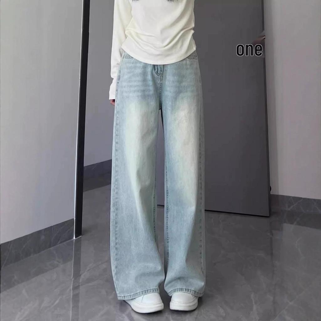 Dámské světle modré džíny s vysokým pasem, s oděrkami, s rovnými nohavicemi - zeštíhlující, volné, letní 2025 denim