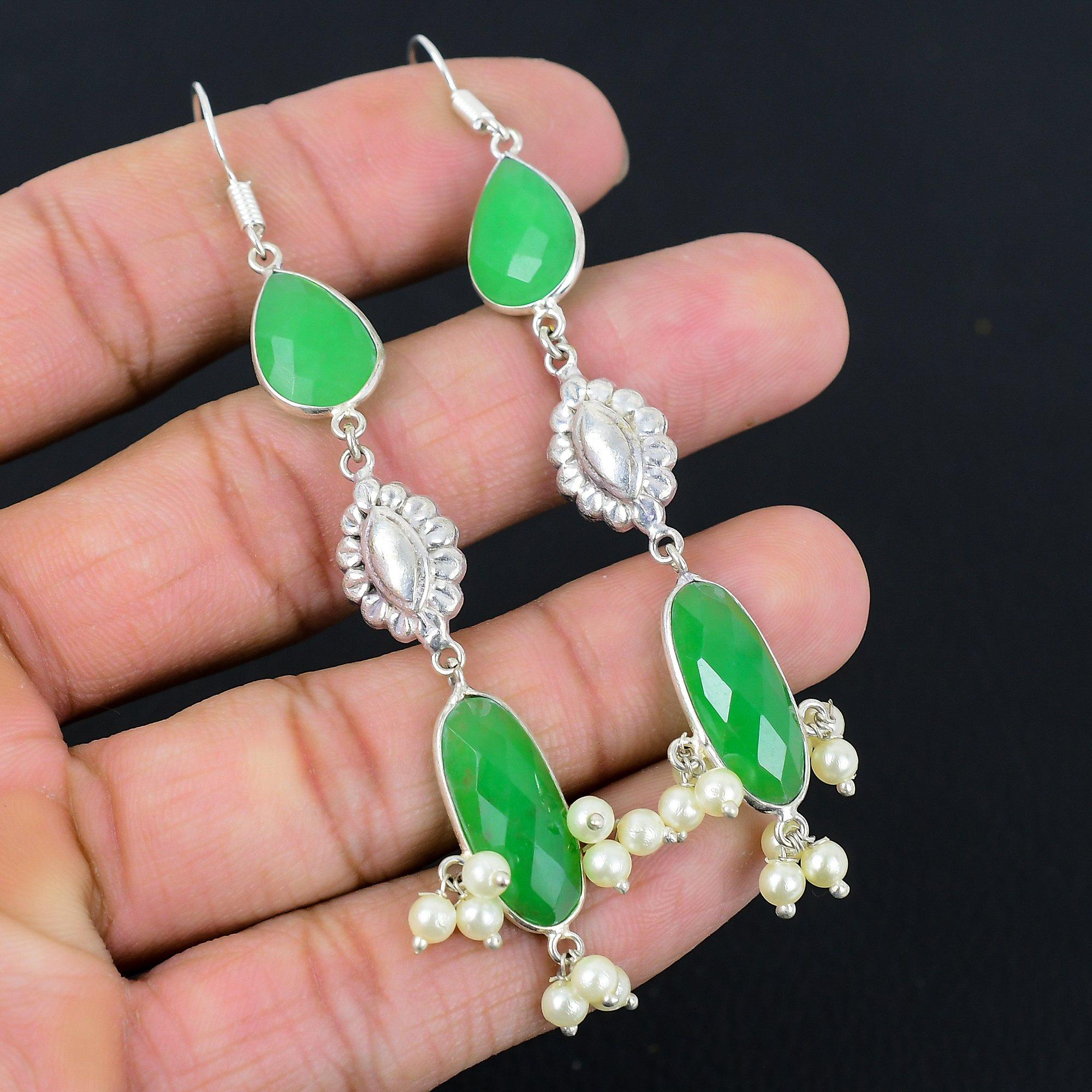 

925 Silver Oval Green Kyanite Gemstone Mother Dangle Drop Throat Chakra Earrings