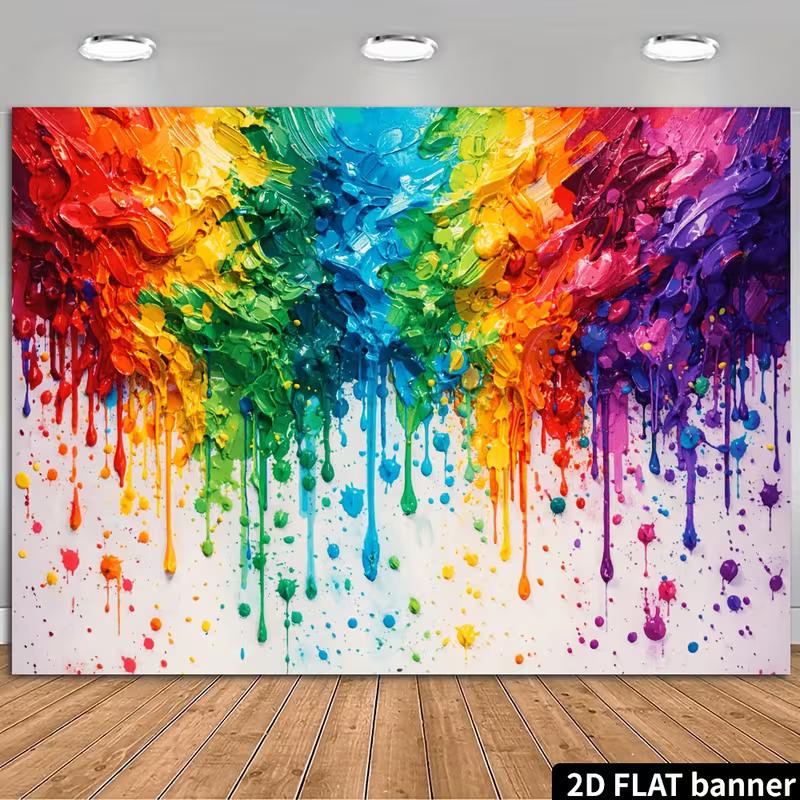Arazzo da Parete 2D con Pittura a Goccia Arcobaleno, Sfondo Astratto Colorato con Arte Fluida per Arredamento Domestico