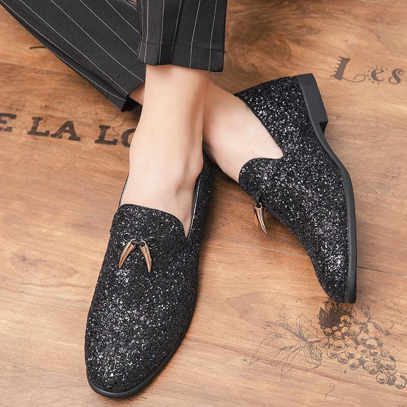 Fashion 37~48 Plus Size White Italian Glitter Loafers Mens Sequin Shoes Men Pointed Toe Dress Weddings Shoes Classic Loafer Formal Shoe