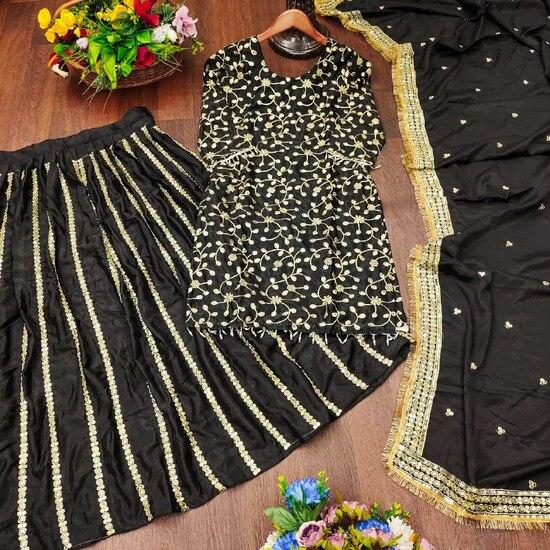 Black & Gold Embroidered Sharara Suit Set