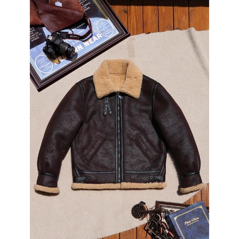 Vintage B3 Sheepskin Leather Jacket for Men Winter Thick Bomber Coat with Faux Fur Lining