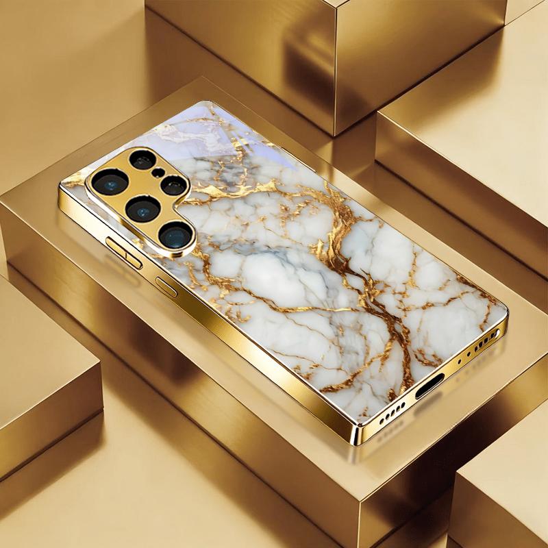 Marble Texture Electroplated Golden Phone Case For Samsung Galaxy S25 S24 S26 S23 S22 S21 S20 Ultra Plus FE S26+ Glass Cover