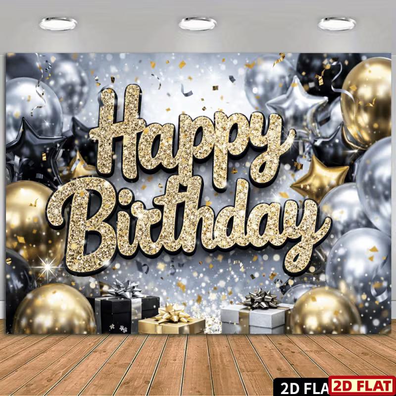 2D Black Gold Silver Glitter Birthday Backdrop Banner Happy Birthday Gift Party Decor Background