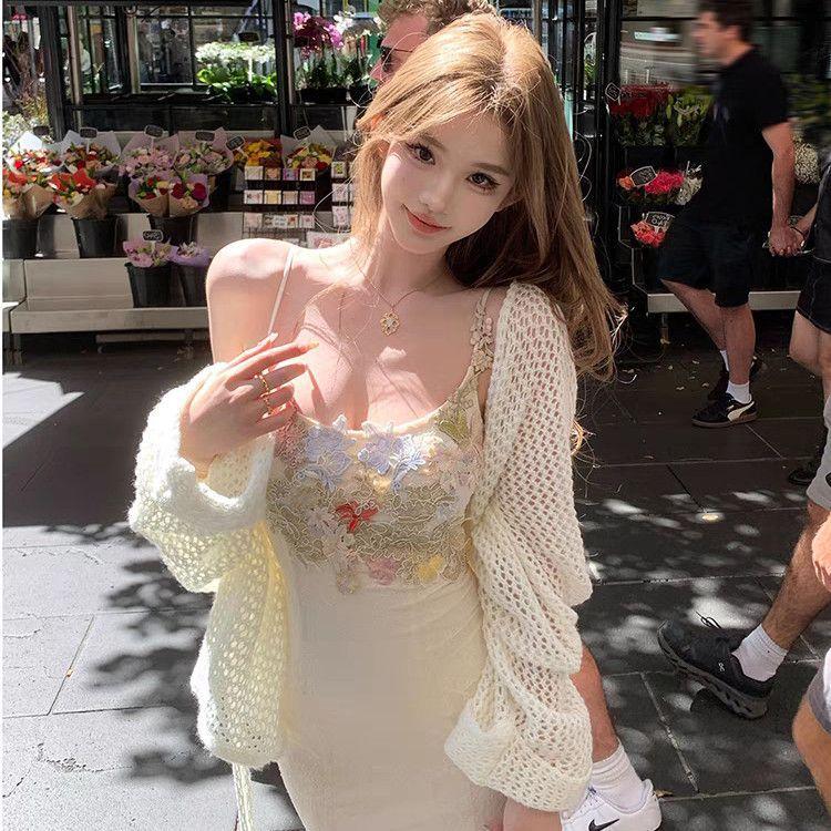 Gentle wind long dress spring and summer short sleeves waist thin lace mesh flower splicing hip wrap fishtail suspender dress S